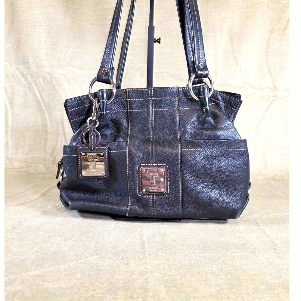 Tignanello Black Pebbled Leather Shoulder Bag Tote Contrast Stitch Silver Tone